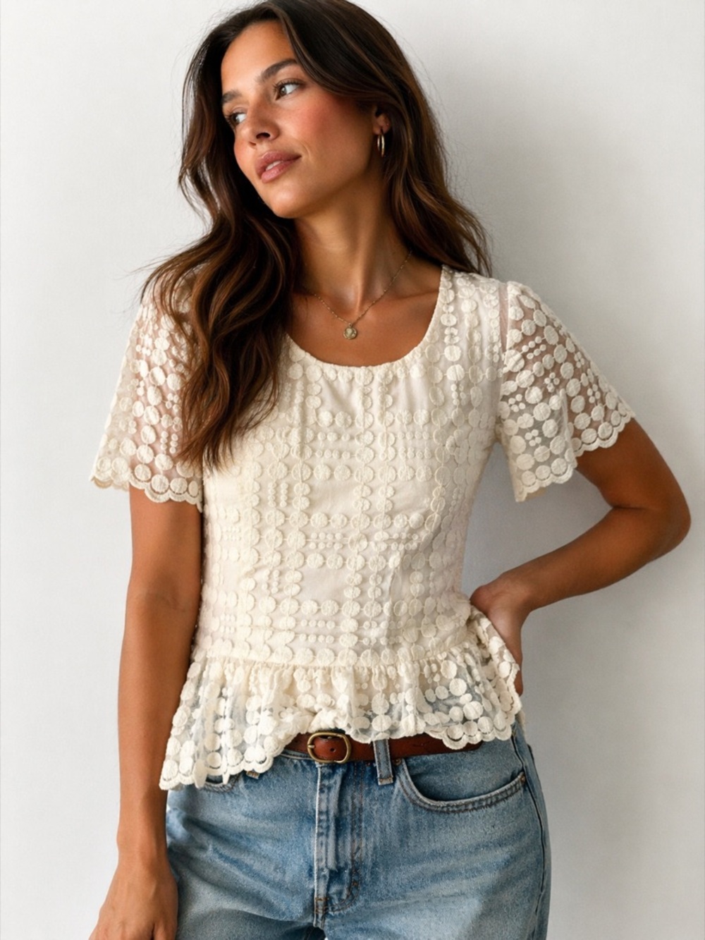 Anthropologie Leifsdottir Peplum Lace Top Cream Textured Blouse Size 8